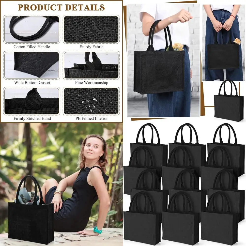 Paquete de 12 Bolsas de Yute Negras, Bolsas de Bienvenida para Bodas, Bolsas Reutilizables para Compras, Playa, Manualidades, 12.2x3.94x9.84 Pulgadas