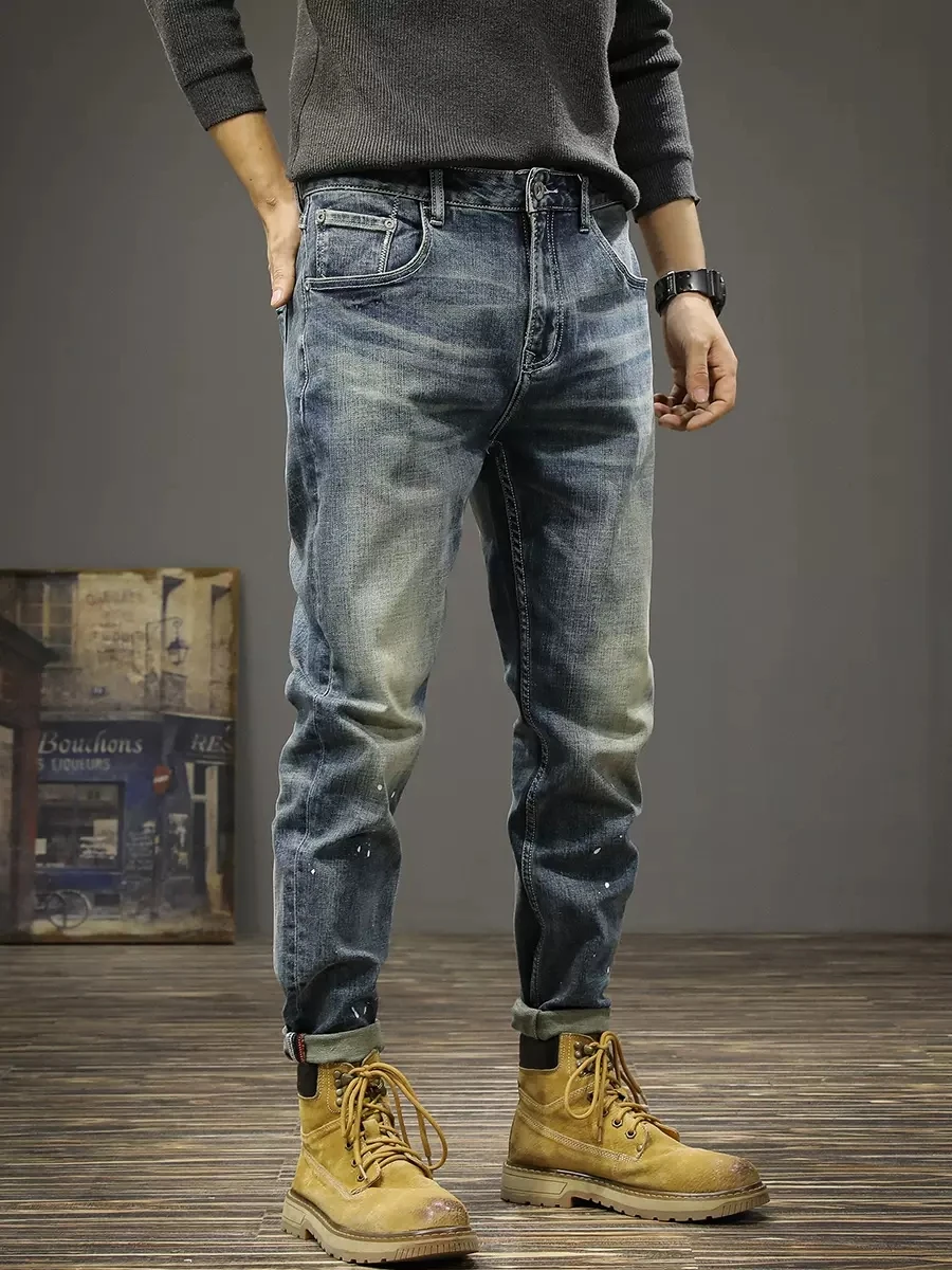 Streetwear Fashion Men Jeans Retro Blue Elastic Slim Fit Ripped Printed Jeans Men Vintage Trousers Casual Denim Pants Hombre