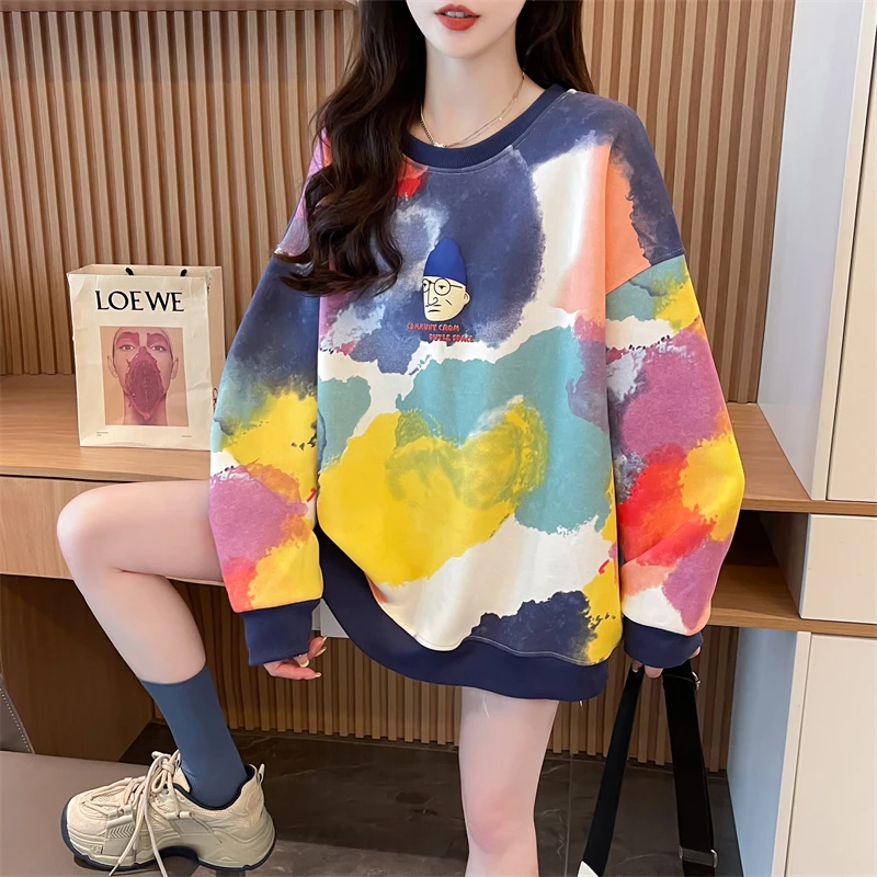 Early autumn design sense niche hoodie women spring autumn 2024 new Korean version of loose large size small tie-dye top