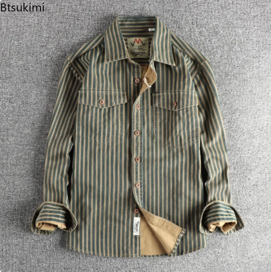 2025 Spring and Autumn New Fashion Retro Woven Striped Cargo Shirt Men's Comfort 100% Cotton Washed Double Pockets Shirt Jacket