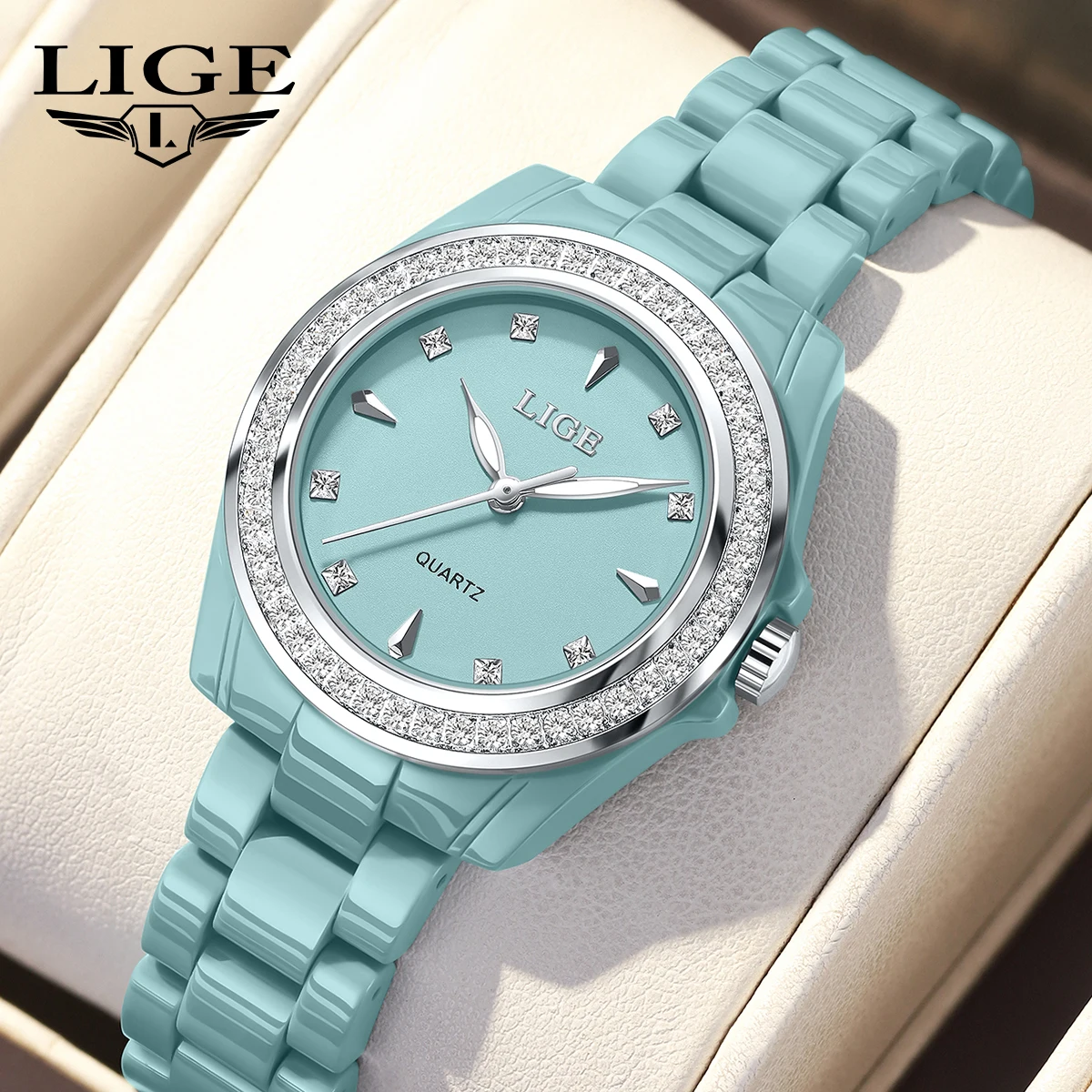 LIGE Elegant Woman Watch Luxury Fashion Diamond Dial Clocck Classic Ceramic Belt Waterproof Quartz Watches for Women Ladies Gift