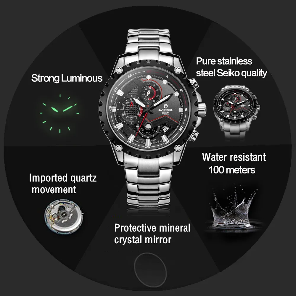 CASIMA Top Brand Fashion Chronograph Sport Watch Waterproof Luminous Military Quartz Wristwatch Clock For Men Relogio Masculino