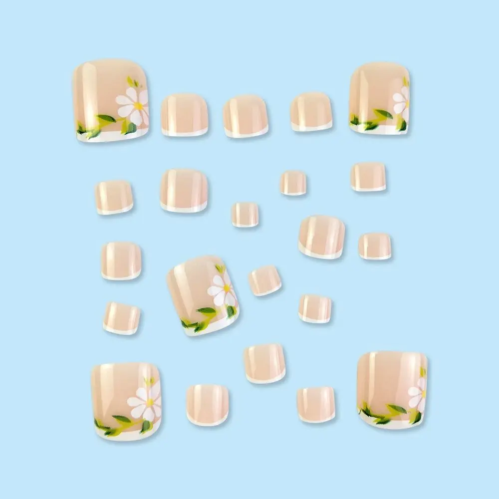 أظافر صناعية مربعة قصيرة أنيقة، أظافر فرنسية بسيطة، زهور سحابة، غطاء كامل لأظافر القدم للنساء والفتيات #4