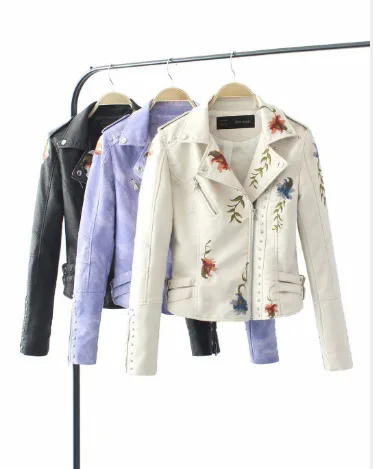 

New Women Retro Floral Print Embroidery Faux Soft Leather Jacket Coat Turndown Collar Pu Moto Biker Black Punk Outerwear