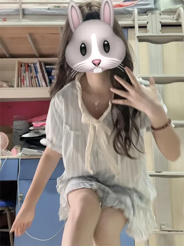 

Korean Gentle Style Striped Bubble Sleeve Short Sleeve Shirt Top And Skirt Set Summer Sweet Two-Piece Suit for Petite Women