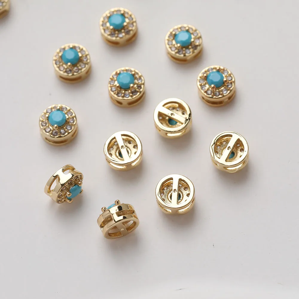 4PCS 14K Gold Plated Vintage Round Inlaid Turquoise Zircon Beads DIY Making Supplies Necklace Bracelet Material Accessories