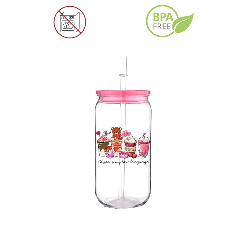 Valentines Theme Printed Transfer BPA Free Plastic Straw Cup Comes With Sreaw And Cup Lid Can Coffee 16 OZ Coffee Bear