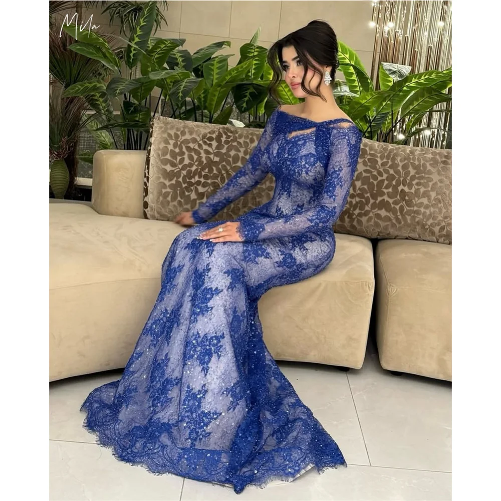 

Синие кружевные платья для выпускного вечера Mila с открытыми плечами и длинными рукавами по индивидуальному заказу, вечернее платье со шлейфом, платья de fiesta 2025
