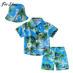 Boys Casual Hawaiian Style Costume Set Short Sleeve Print Shirt with Shorts Bucket Hat Summer Tropical Beach Vacation Outfit