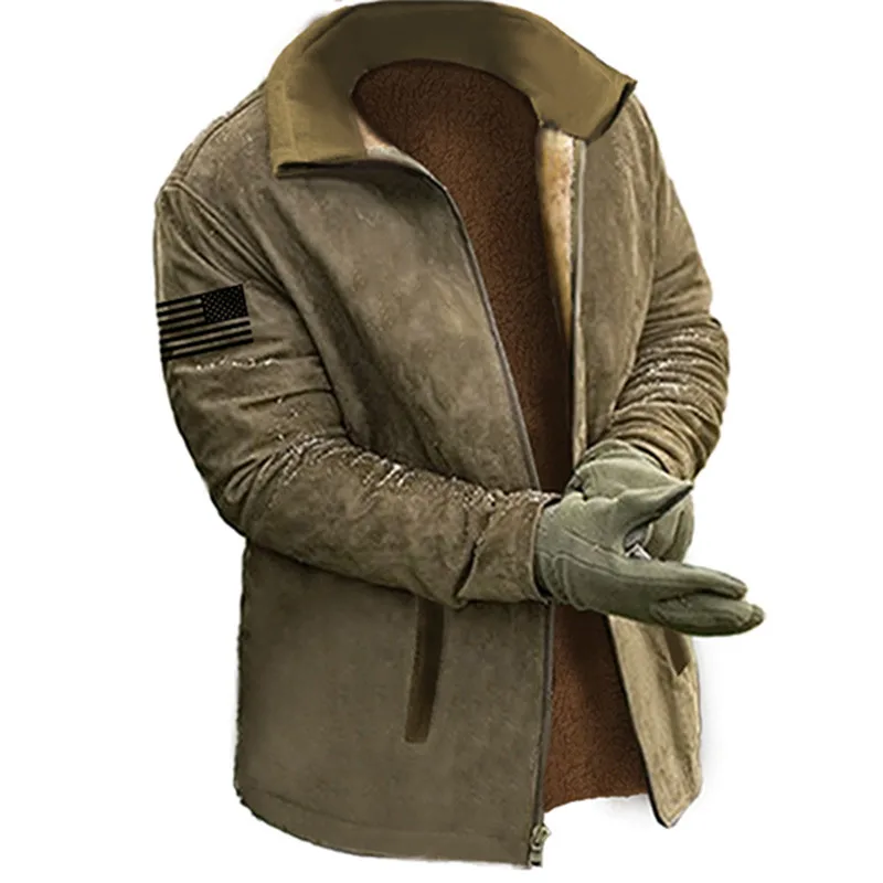 

Men's Winter Wool Warm Hoodie Full Zip Hoodie Wool Hoodie Color Block Flag Spliced Stand Collar Sports And Outdoor Daily Holiday