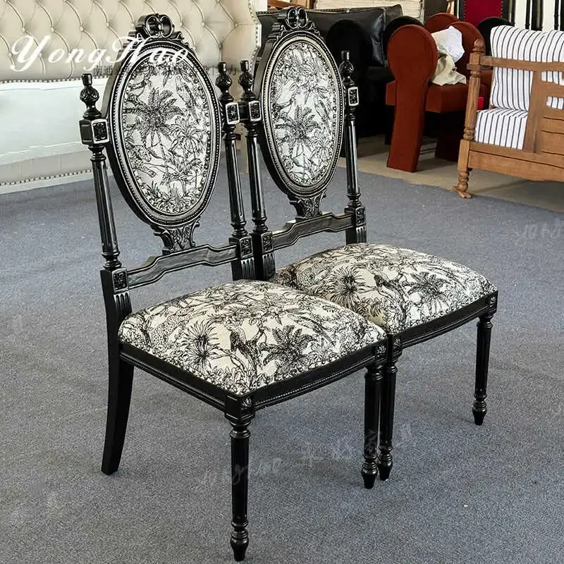 French retro solid wood black dining chair bedroom high back soft bag makeup balcony leisure chair meeting
