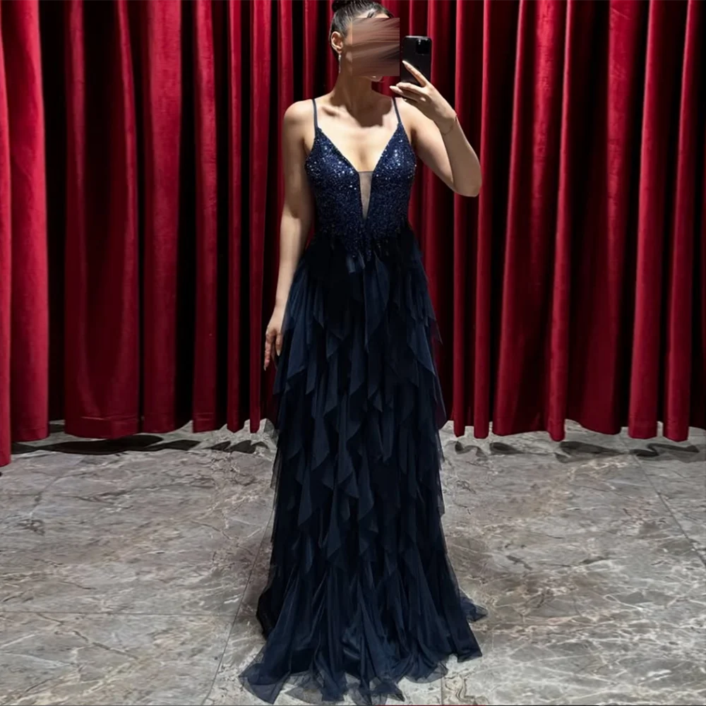

Customized Sexy Deep V-Neck Evening Dresses Backless Tiered Ruffles Sequined Beading Prom Gown Long A-Line Birthday party dress