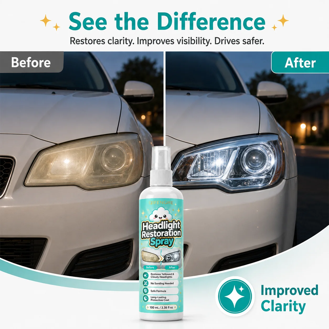 Car Headlight Repair Spray - Brightening & Oxidation Remover, Removes Yellow Fog, Restores Clarity, Safer Night Drive, Penetrati