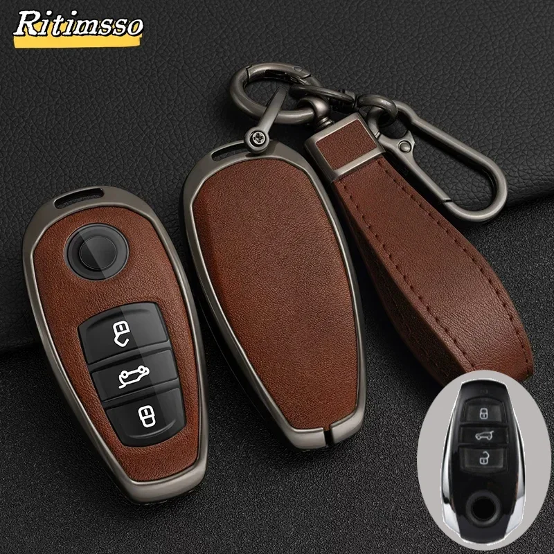 Zinc Alloy+PU Leather Cover Car Key Case for VW Volkswagen 2011-2017 Touareg 2016-2023 Phideon 3 Buttons Remote Key Protector