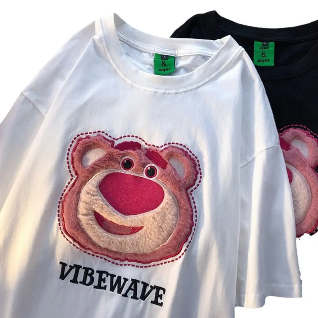 

Men's Cartoon Flocked T-Shirt Strawberry Bear Embroidery Short-Sleeved Japanese Style Summer Trendy Couple Wear for