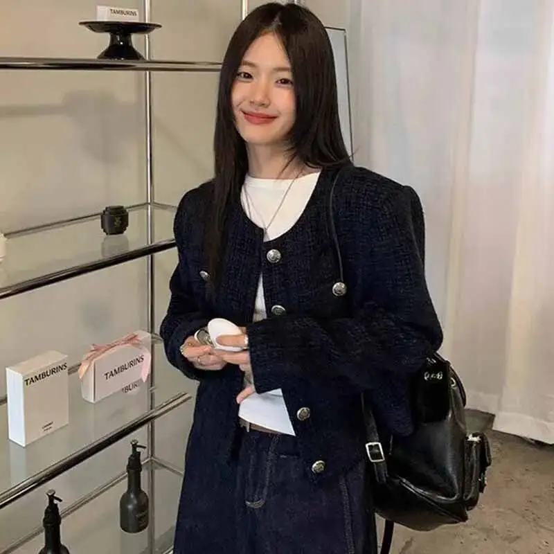 

Корейская модная уличная одежда, маленькое пальто, женское элегантное однобортное твидовое пальто с круглым воротником, женская осенняя верхняя одежда с длинными рукавами