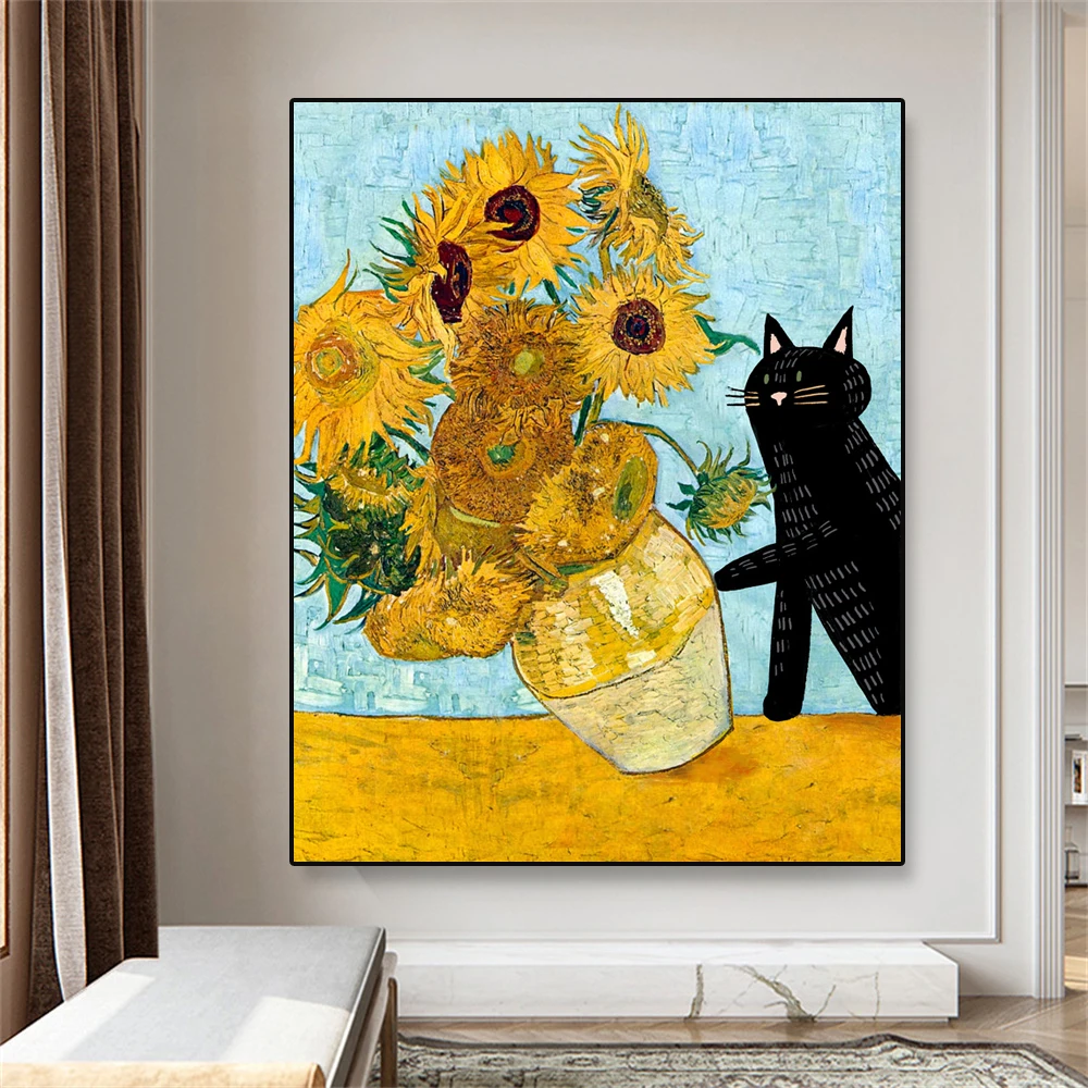 Black Cat Knocking Over Van Gogh’s Sunflowers Poster Print Modern Funny Cat Art Oil Painting Print Living Room Bedroom Decor