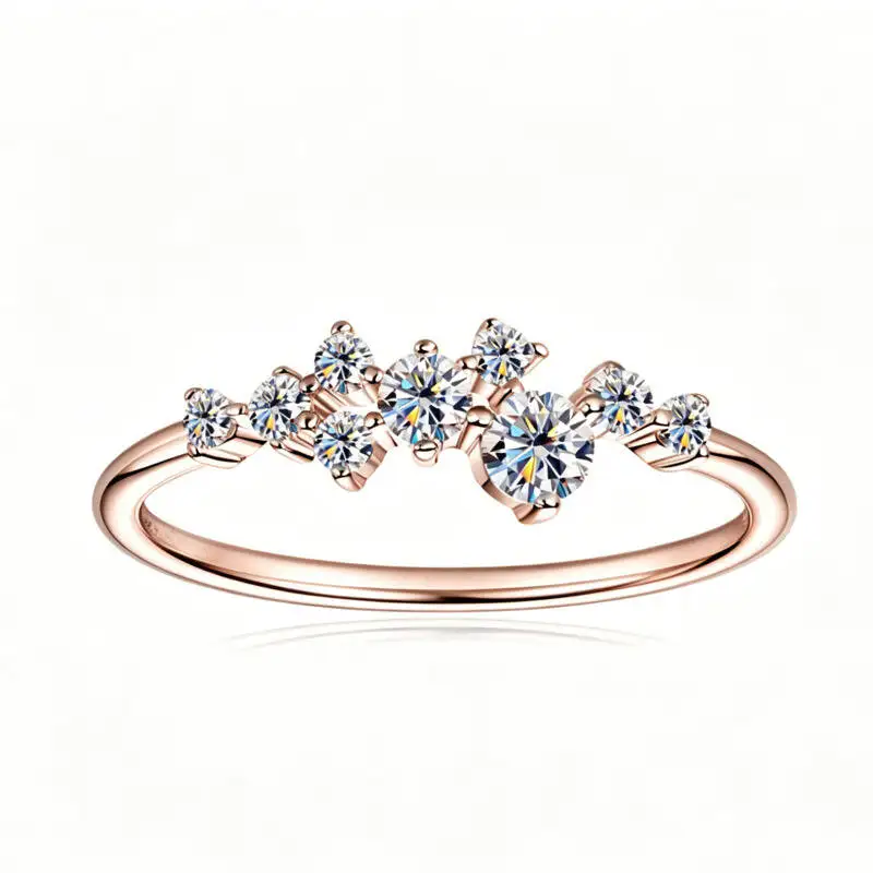 Image of 925er Silber Cluster D VVS1 Moissanit Gebogener Stapelbarer Ring in Roségoldfarbe mit gedrehtem Ranken-Design, edler Schmuck für Damen