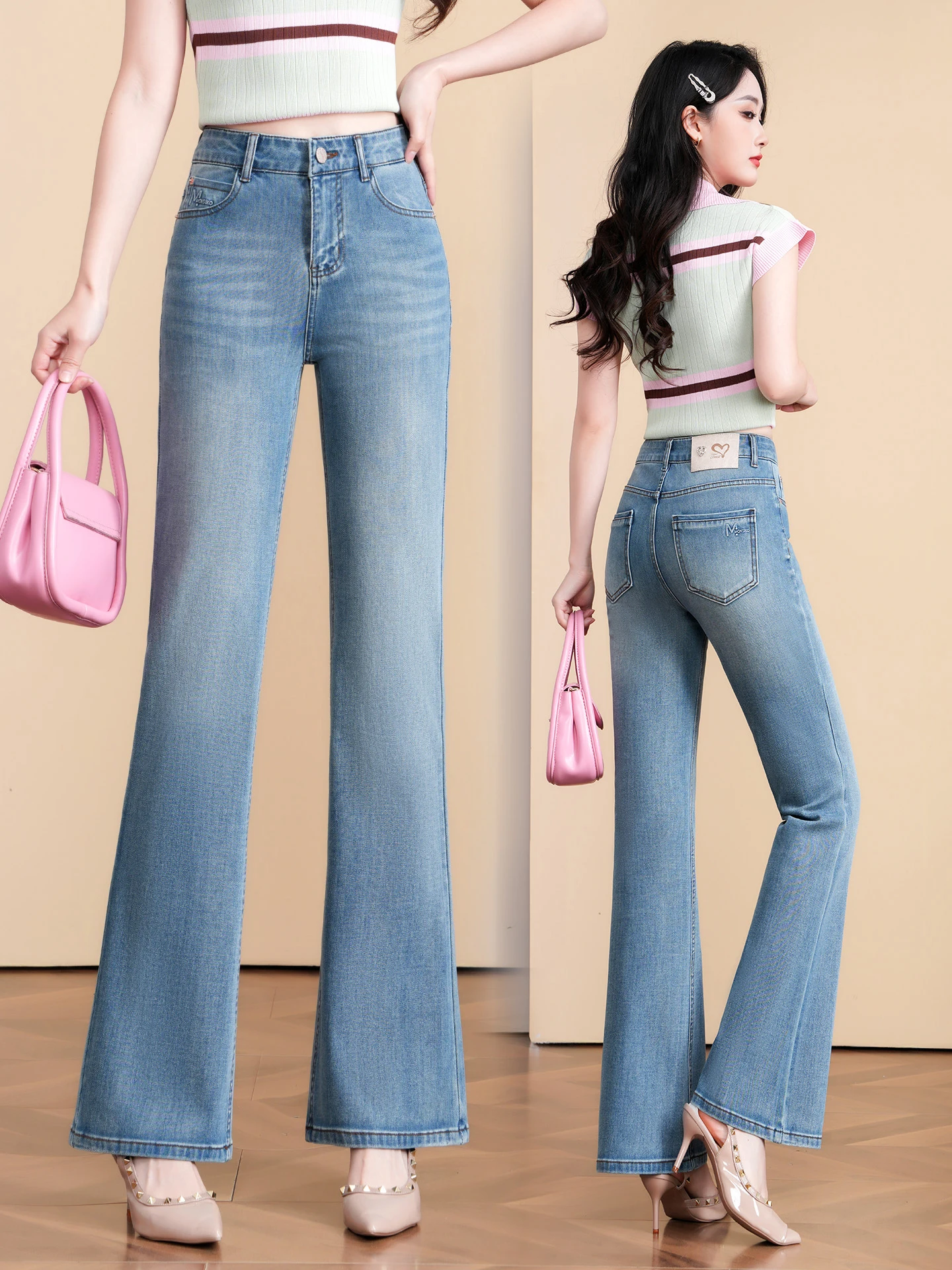 

Светло-голубые джинсы-клеш с высокой талией для женщин, весна-осень 2026, новые, маленькие размеры, прямые джинсы с эффектом похудения, повседневный стиль