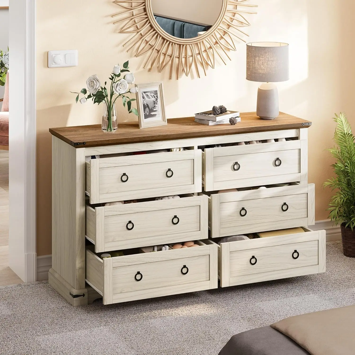 YITAHOME Chest of Drawers, Farmhouse 6 Drawers Dresser, Wooden Storage Cabinet, Closet Organizers and Storage Dressers for Livin