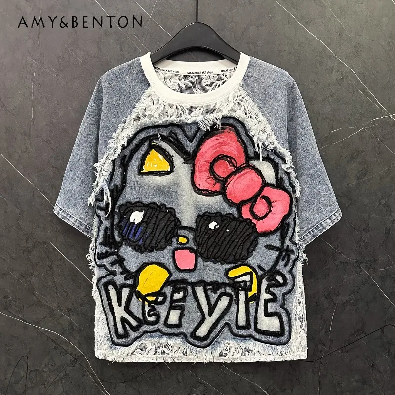 

Summer New Cartoon Hollow Denim Lace Splicing Short-sleeved T-shirt Women's Loose Casual Fashion Y2k O-neck Tees Pullover Ladies