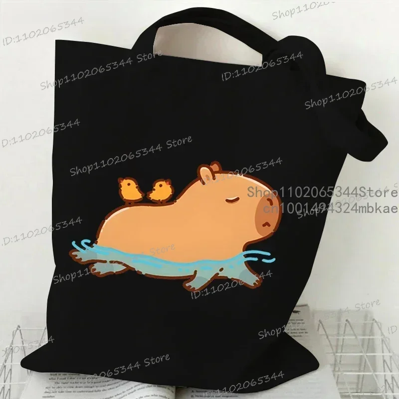 Canvas Ladies Shoulder Bag 2024 Pizza Capybara Print Reusable Tote Bags Large Capacity Cartoon Capybara Women's Shopping Handbag