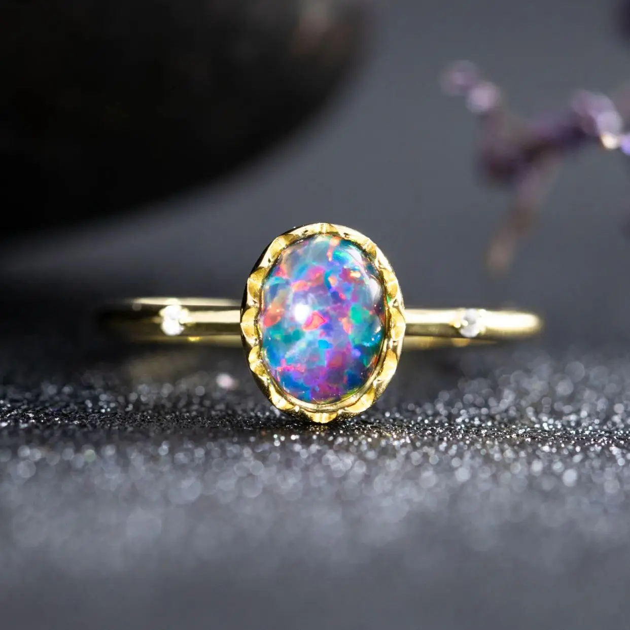 

Minimalist Female Rainbow Crystal Ring Simple Gold Silver Plated Wedding Rings For Women Charm Oval Black Opal Engagement Ring