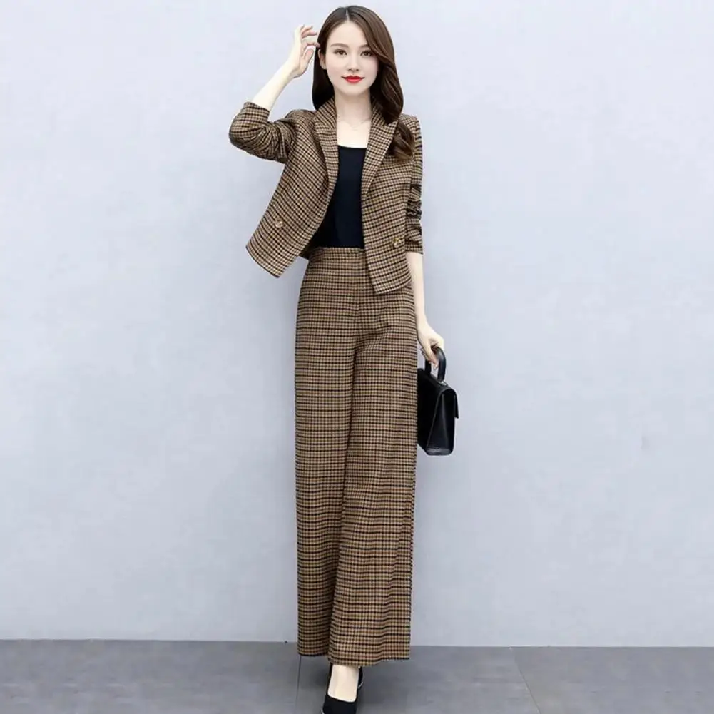 

Women Coat Pants Set Stylish Women's Plaid Print Coat Pants Set Lapel Buttons Cardigan Long Sleeve Jacket Wide Leg for Formal
