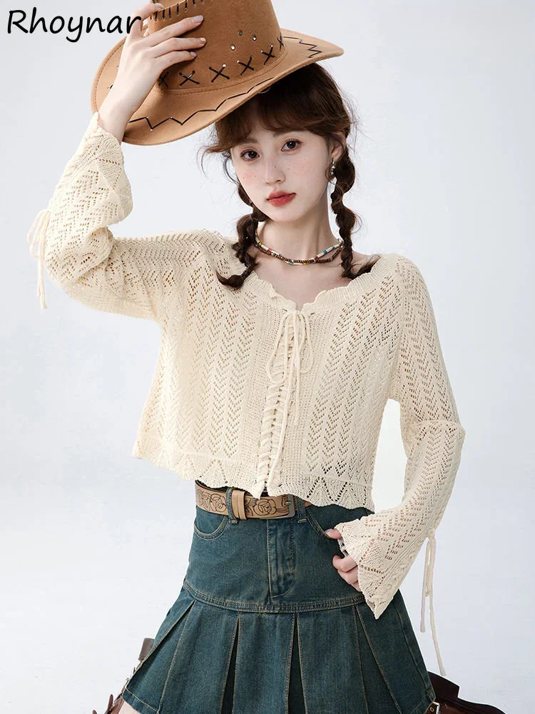 

Lace-up Cardigans Women Literary Students Spring Sweet Gentle Hollow Out Soft Knitwear Cropped Sunscreen Ins Style Flare Sleeve