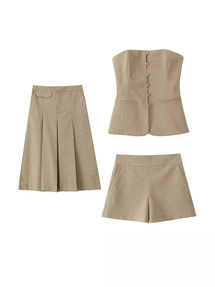 

KONDALA винтажный повседневный клетчатый женский костюм без бретелек на пуговицах, топ, широкая плиссированная юбка, прямые шорты, модные комплекты весны и лета 2025 г.