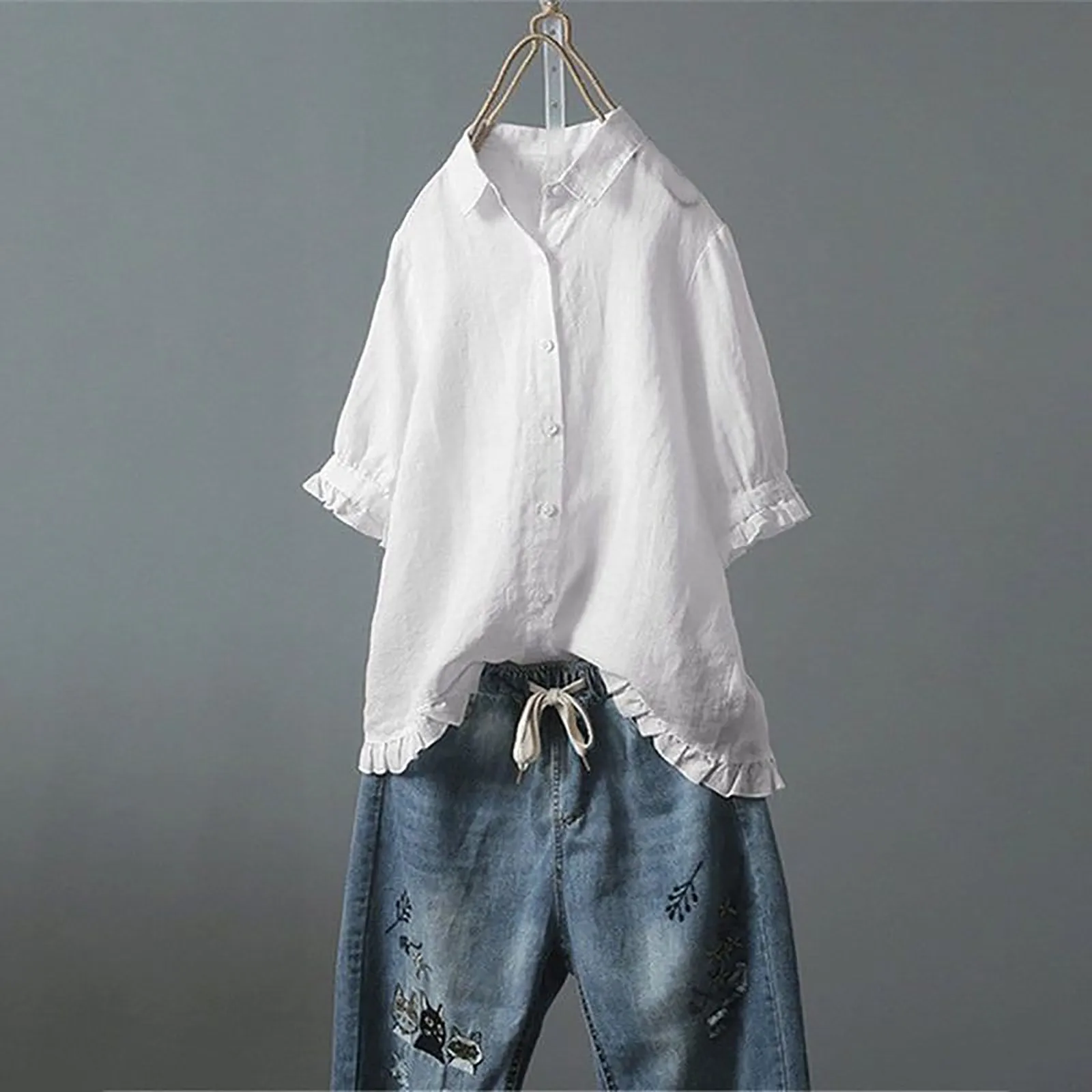 Women\'s Shirt 2024 Summer Fashion Ruffle Hem Cotton Linen Shirt Tops Solid Color Casual Loose Single Breasted Short Sleeve Shirt