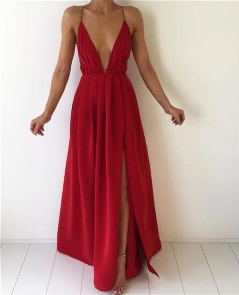 

Fashion Sexy Spaghetti Strap Chiffon Dresses Women Solid Color Deep V-neck Backless Slit Dress Casual Vacation Beach Vestidos