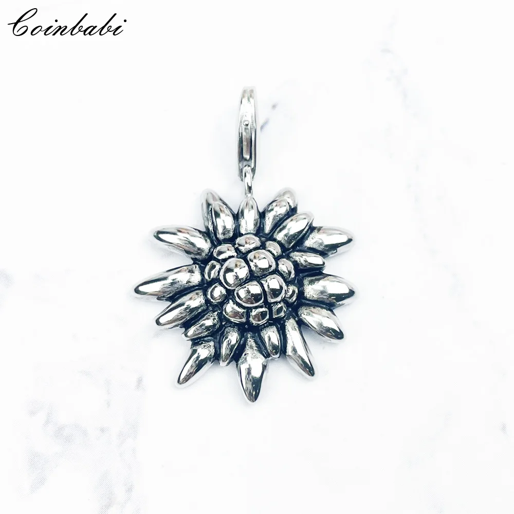 Pendant Charm Edelweiss 925 Sterling Silver Blackened Fine Jewelry Accessories Fit Necklace Bracelet Lucky Vintage Bijoux Gift