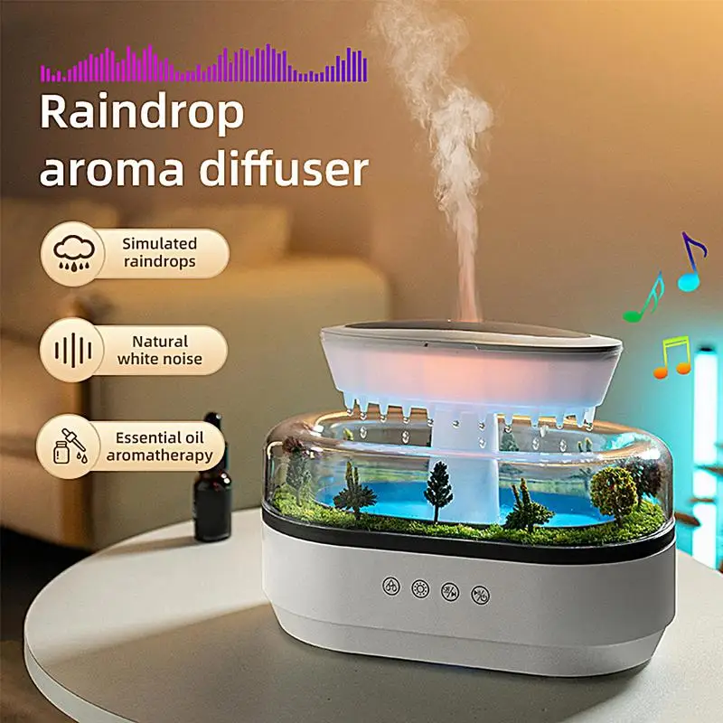 Humidificador de Aroma, difusor de aceites esenciales, humidificador de aire con forma de gota de lluvia con ruido blanco, luz colorida, difusor de fragancia para el hogar y el dormitorio