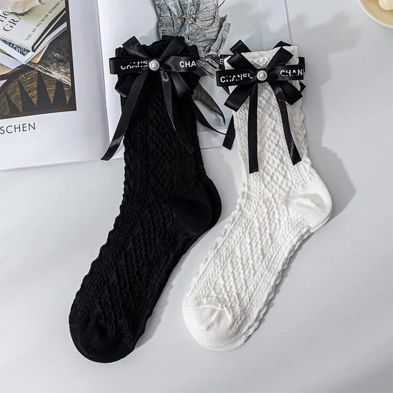 Weiße schwarze Schleife Lolita Strumpf y2k junge Frühling Herbst Socken Perle Strumpf