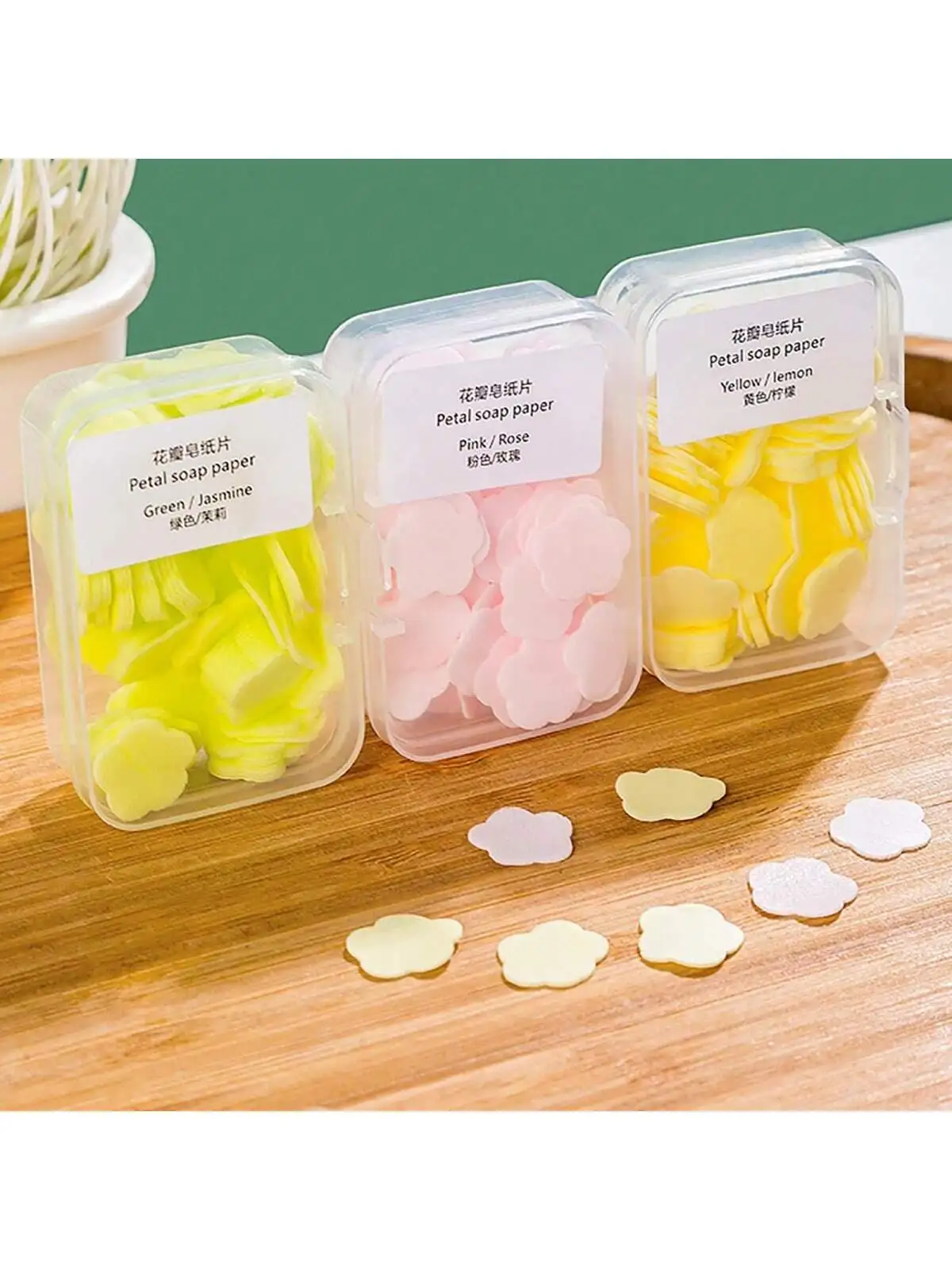 

Portable Flower-Shaped Soap Sheets - 4-Pack (400 Sheets) - Lemon, Milk, Rose, and Jasmine Scents with Dust-Proof PP Case