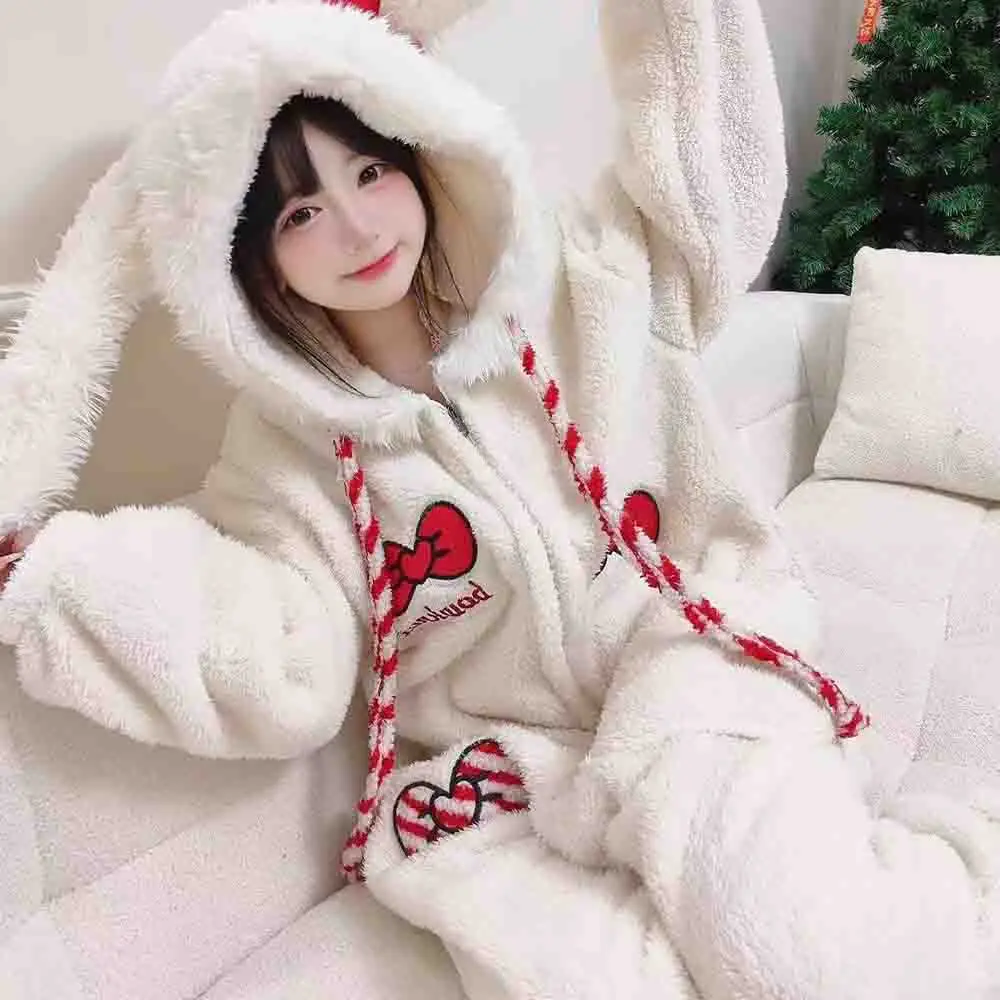 

Thick Winter Pajamas Cute Coral Fleece Hooded Pajamas Y2K Kawaii Rabbit Anime Women's Pajamas Cartoon Warm Home Clothesnew Model