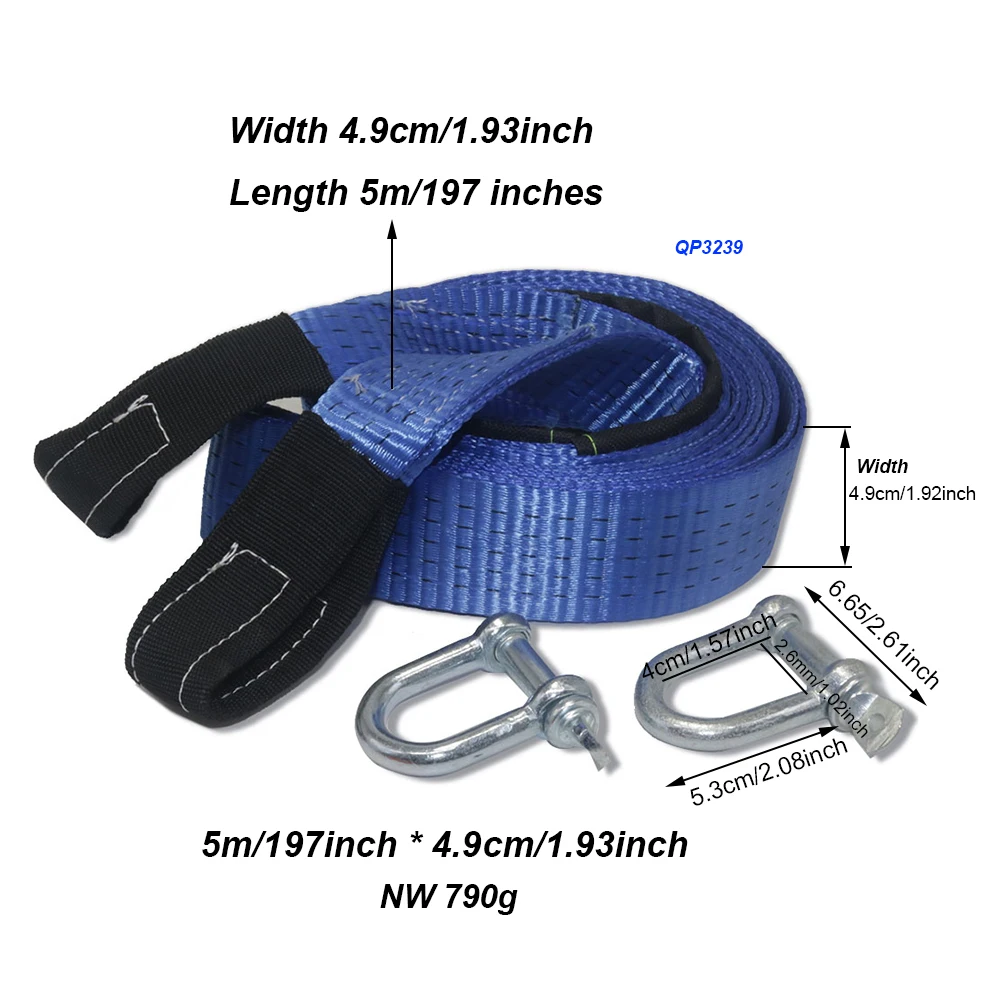 Car Tow Strap Racing Auto Winch Rope Nylon 5m 8Tons Recovery Towing Cable Strap Belt Heavy Duty Off Road Accessories Metal Hooks