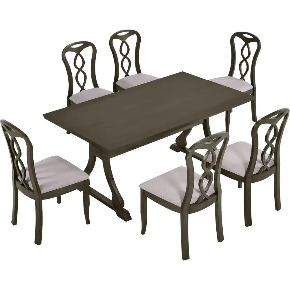 7 Piece Dining Table Set, Retro Kitchen Table Set with 6 Upholstered Dining Chairs,