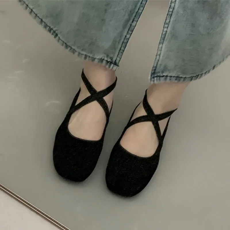 Baletki damskie Velvet Thin Shoes Mary Jane Loafers Square Toe Pumps Elastic Band Slip-on Casual Shoes Soft Lady Work Shoes