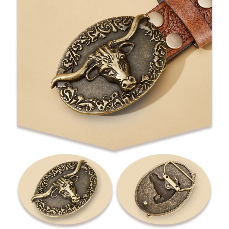 Western Leather Buckle Belts Cowboy Longhorn Bull Pattern Buckle Belt Floral Engraved Buckle Belt for Men