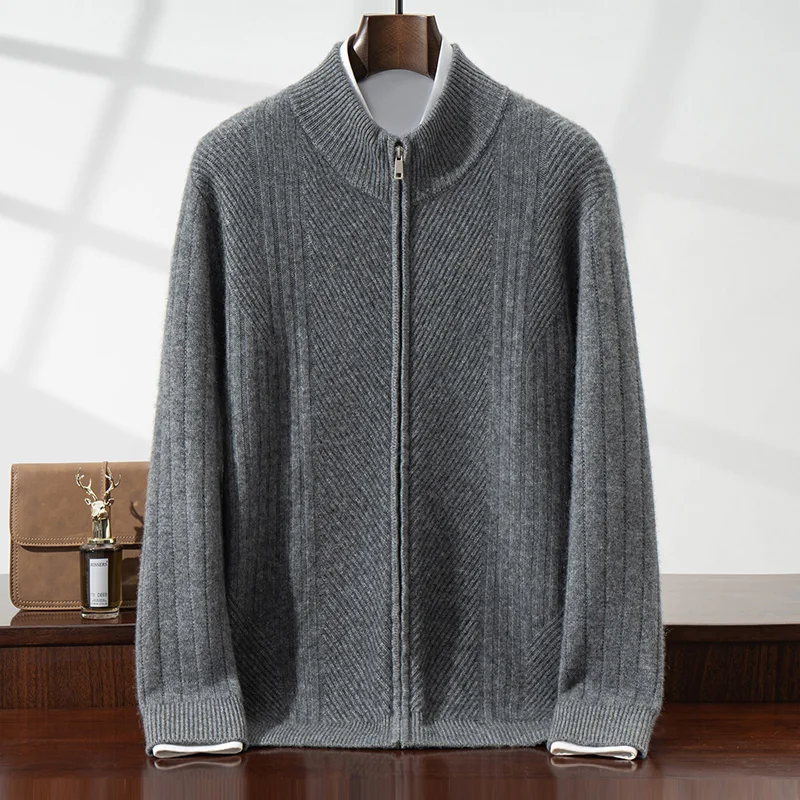 Autumn Winter New Men's Cardigan 100% Cashmere Twill Ribbed Zipper Half High Collar Knitwear Loose Business Casual Jacket