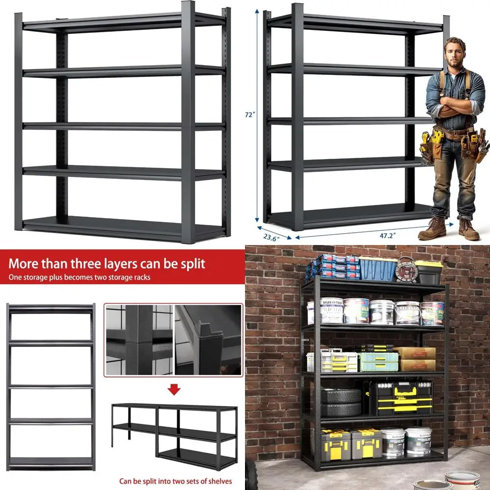 أرفف تخزين معدنية شديدة التحمل قابلة للتعديل للمرآب، 72 ارتفاع × 5 طبقات، سعة 2000 رطل، قوة صناعية، حل موفر للمساحة #1