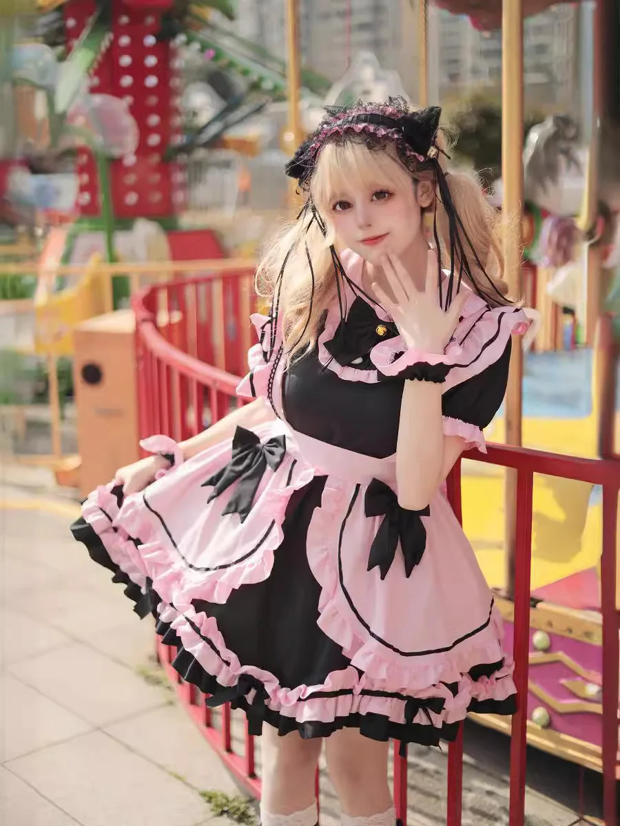

Anime Gothic Lolita JSK Dress Short Sleeve Kawaii Bow Maid Party Dresses Cosplay Cats Girl Harajuku Cute Pink Ruffles Black