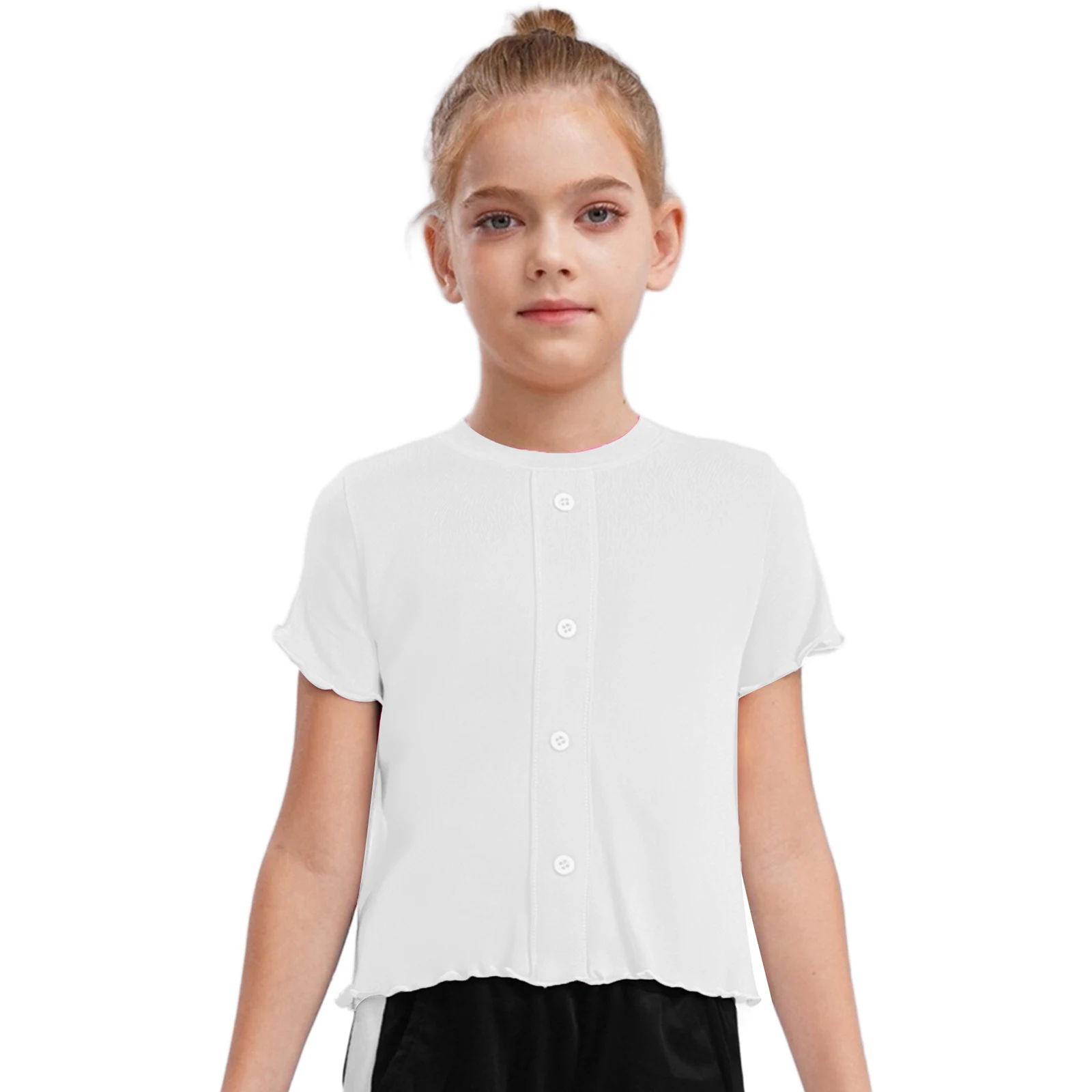 

Kids Girls T-shirt Summer Summer Short Sleeves Lettuce Hem Shirt Round Neck Button Solid Color Tee Top for School Picnic Park