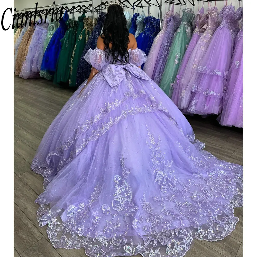 

Lilac Beading Tassel Appliques Lace Ball Gown Quinceanera Dresses Sweetheart Ruffles Bow Sweet 16 Vestido De 15 Anos