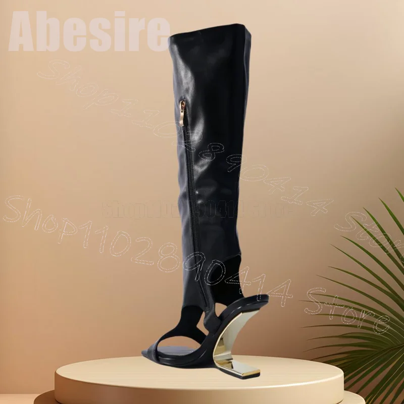 Black Metal Strange Style Heels Sandals Boots Side Zipper Women Shoes Open Toe Sexy Party Feast Dating 2025 Zapatos Para Mujere