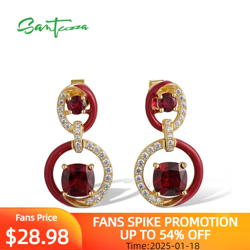 

SANTUZZA Authentic 925 Sterling Silver Drop Earrings For Women Sparkling Created Ruby Enamel Circle Wedding Gifts Fine Jewelry