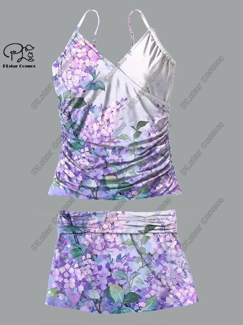 Femmes V-cou été petit frais imprimé floral jupe à bretelles maillot de bain deux pièces costume vacances voyage nouveau maillot de bain Q-26