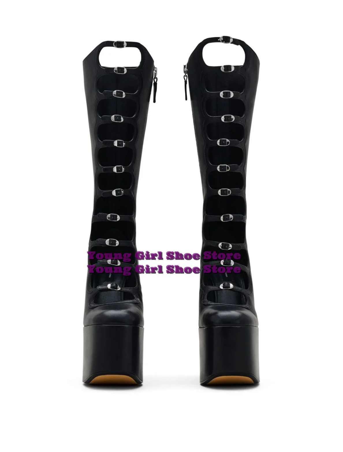 Platform Hollow Buckle Knee High Boots Round Toe Side Zipper Chunky High Heels Women Sadnals Black Leather Solid 2024 New